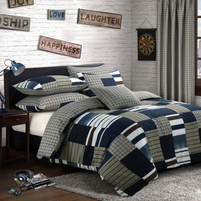 Image of Velosso Chic Blue Printed Cotton Blend Duvet Cover & Pillowcase Set, Button Enclosure, Trendy Geometric Pattern Bedroom Decor - Blue