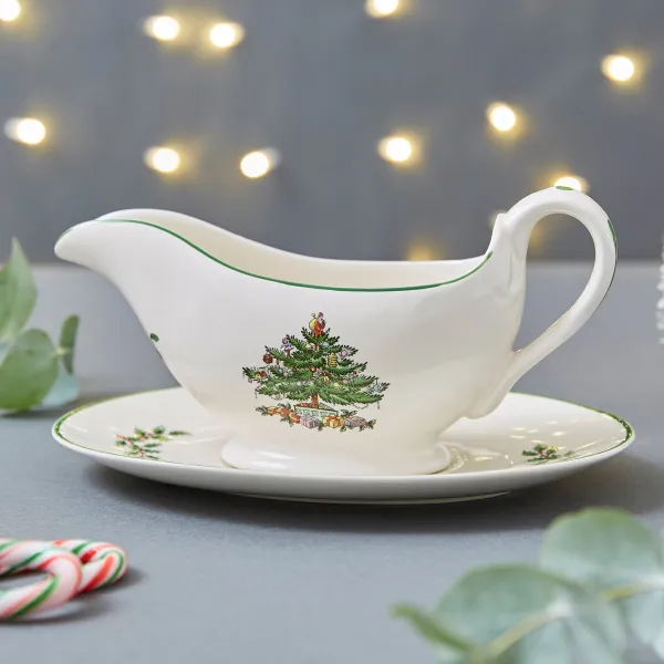 Image of Dunelm White & Green Christmas Tree Sauce Boat and Stand, 16cm x 21cm x 11.5cm White