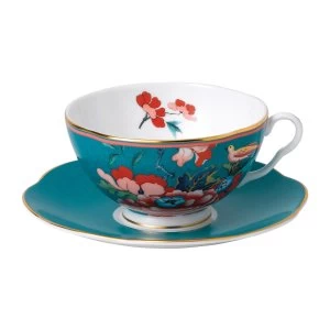 Image of Wedgwood Paeonia Blush Teacup Saucer Green Pink