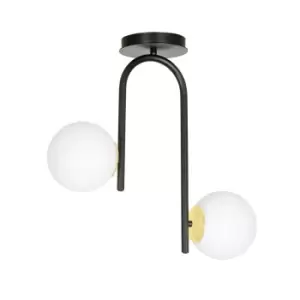 Image of Ragnar Black/Gold Globe Ceiling Light with White Glass Shades, 2x E14