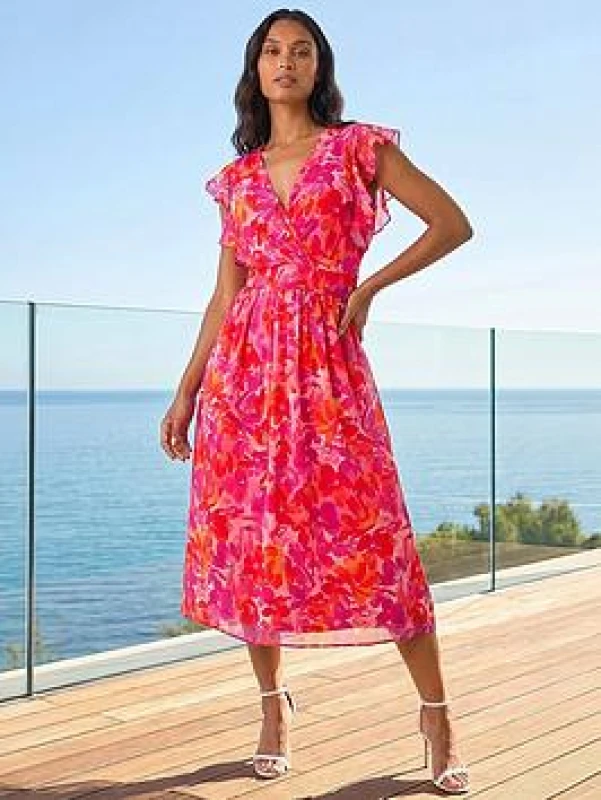 Image of Roman Womens Floral Bias Midi Dress in Orange Size: 10 Orange Female 10