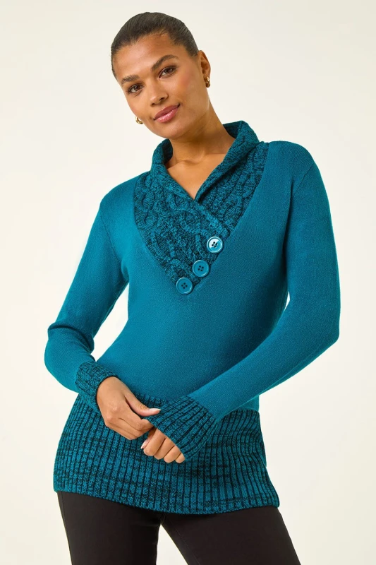 Image of Roman Womens V-Neck Overlap Button Detail Longline Jumper in Teal Size: 14 Teal Female 14