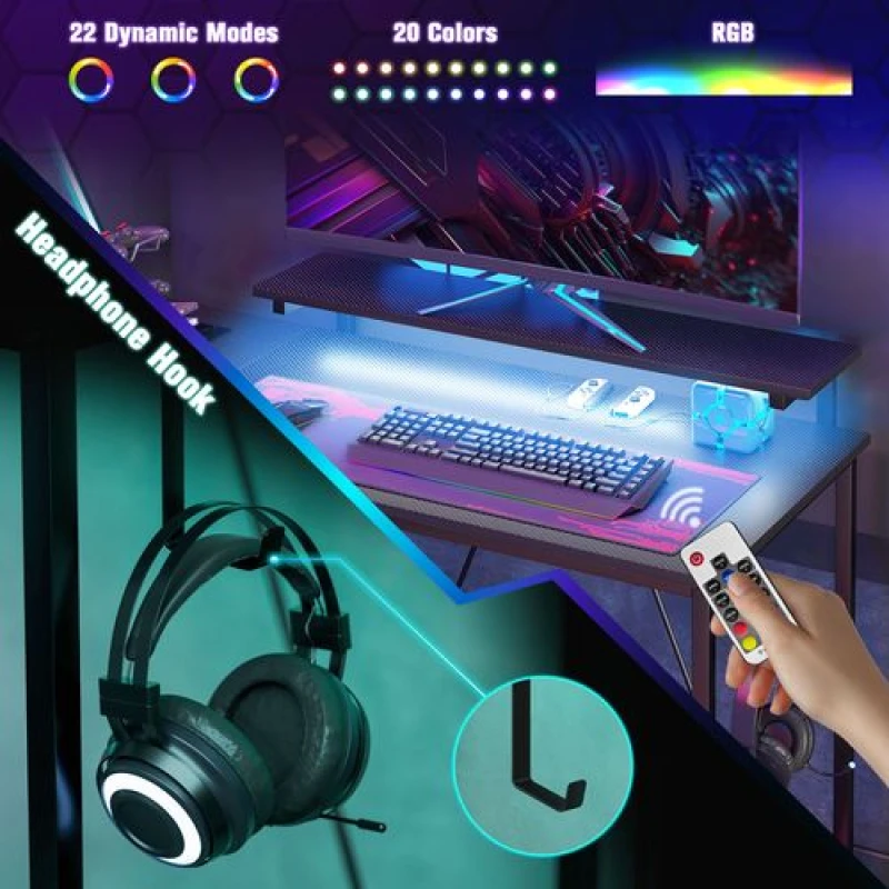 Image of HOMCOM L Shaped Desk with LED Lights Reversible Corner Gaming Desk with Storage 920-083V70BK