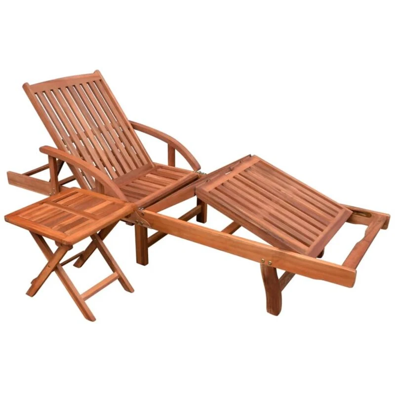 Image of vidaXL Solid Acacia Wood Sun Lounger and Table Set 2 Piece Brown Chaise Lounge