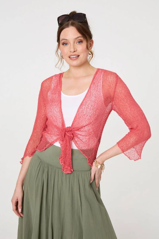 Image of Izabel London Womens Sheer 3/4 Sleeve Open Front Cardigan in Pink Pink Female One Size