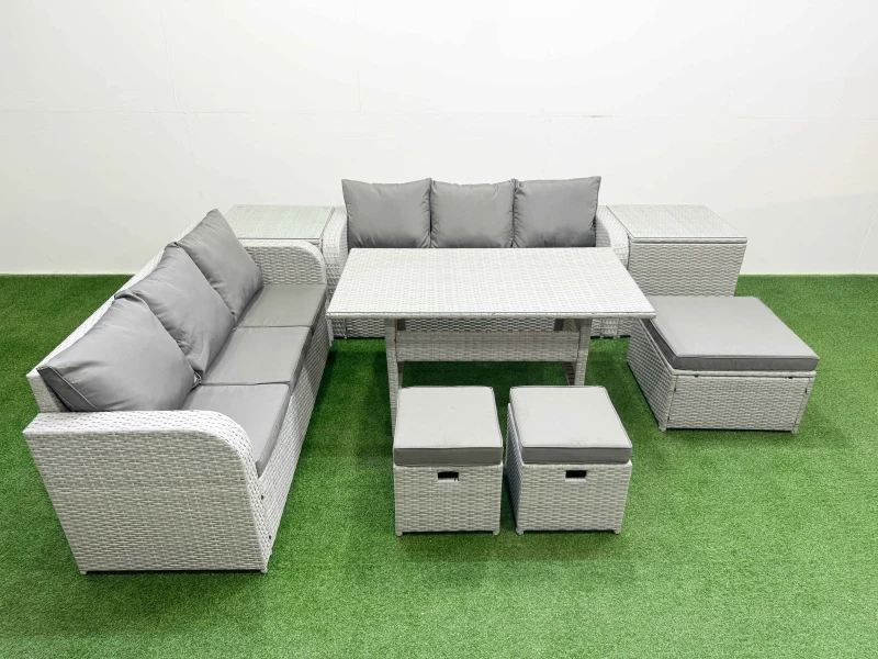 Image of Fimous Outdoor Garden Furniture Sets 9 Seater Wicker Rattan Furniture Sofa Sets with Rectangular Dining Table high Back Lounge Sofa 3 Stools 2 Side Ta
