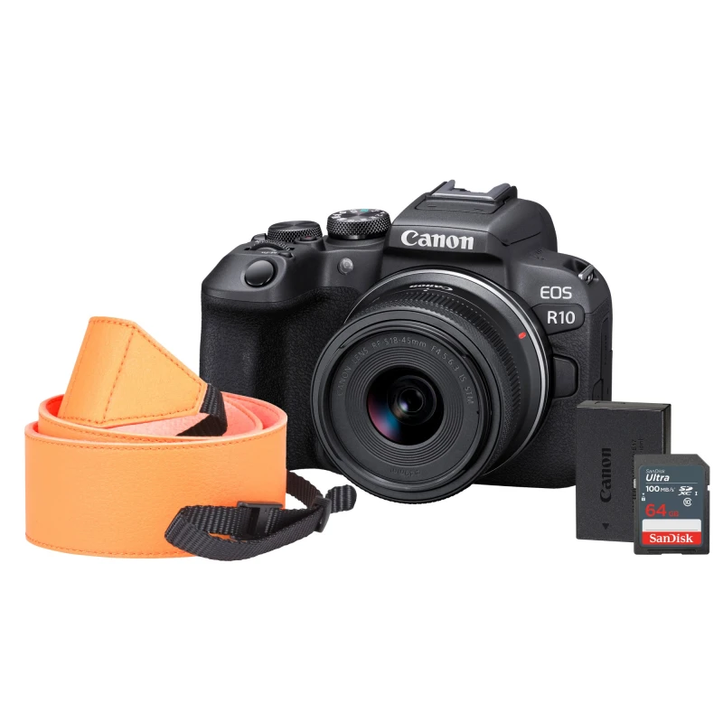Image of Canon EOS R10 Camera Kit inc RF-S 18-45mm Lens. SanDisk 128GB SD. Neck