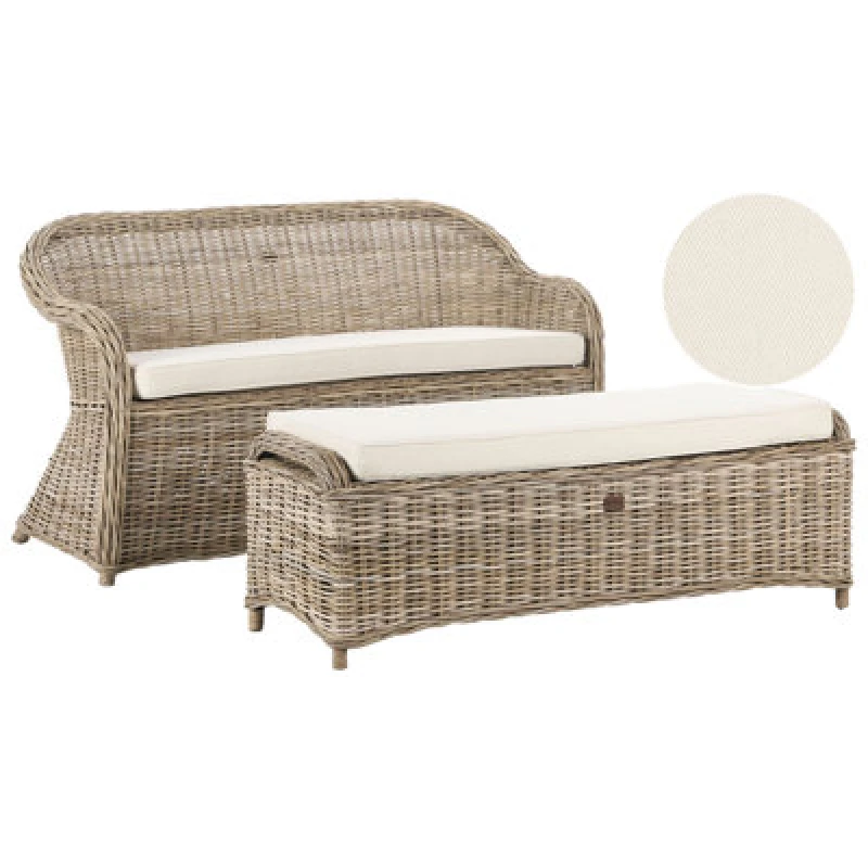 Image of Beliani Garden Bench With Cushion Susua 141cm With Ottoman Rattan Natural