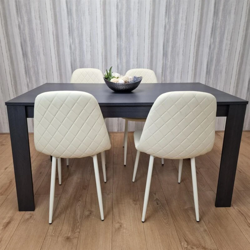 Image of KOSY KOALA Kosy Koala - Dining Table and 4 Chairs Black Dark Grey Leather Cream Chairs Wood Dining Set Furniture Arrow charcoal 117 + 4 cream gem