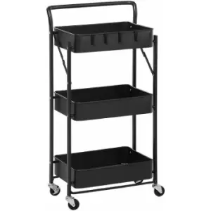 image of HOMCOM Rolling Utility Cart with 3 Mesh Basket 4 Hooks for Kitchen Black - Black