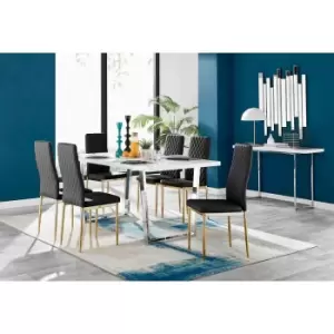 Image of Furniture Box Kylo White High Gloss Dining Table and 6 Black Milan Gold Leg Chairs