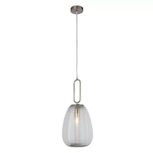 image of 1 Light Ribbed Glass Pendant, Clear Glass, Satin Nickel