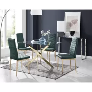 Image of Furniturebox UK - Furniturebox Leonardo 4 Gold Leg Glass Dining Table and 4 Green Milan Velvet Dining Chairs With Gold Legs Diamond Stitch Modern