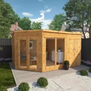Image of WALTONS EST. 1878 Premium Outdoor 9ft x 13ft Corner Summerhouse With Side Storage Shed - Brown