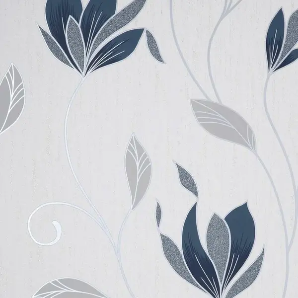 image of FINE DECOR Fine Decor - Synergy Floral Navy Blue Silver White Paste The Paper Wallpaper WL-M1716