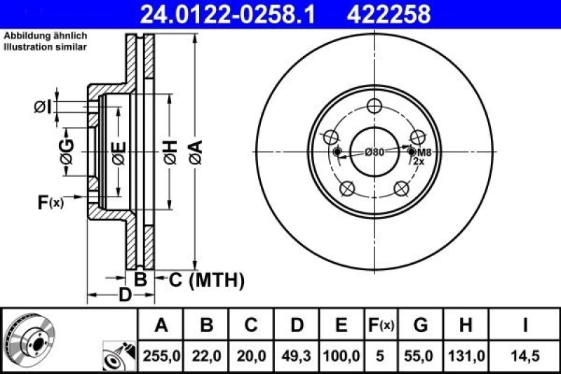 Image of ATE 24.0122-0258.1 Brake disc Vented, Coated Brake Disc (82)