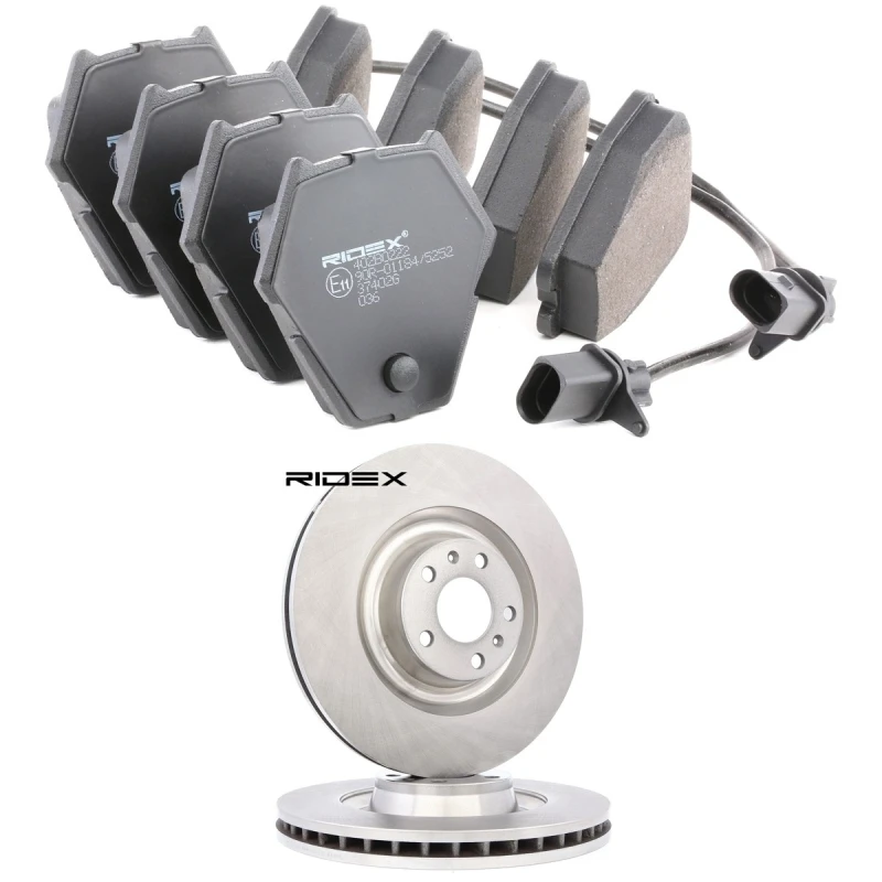 Image of RIDEX 3405B2684 Brake disc and pads set Front Axle, Brake Disc Type: Vented, with integrated wear warning contact Brake Set,disc brakes (3405)