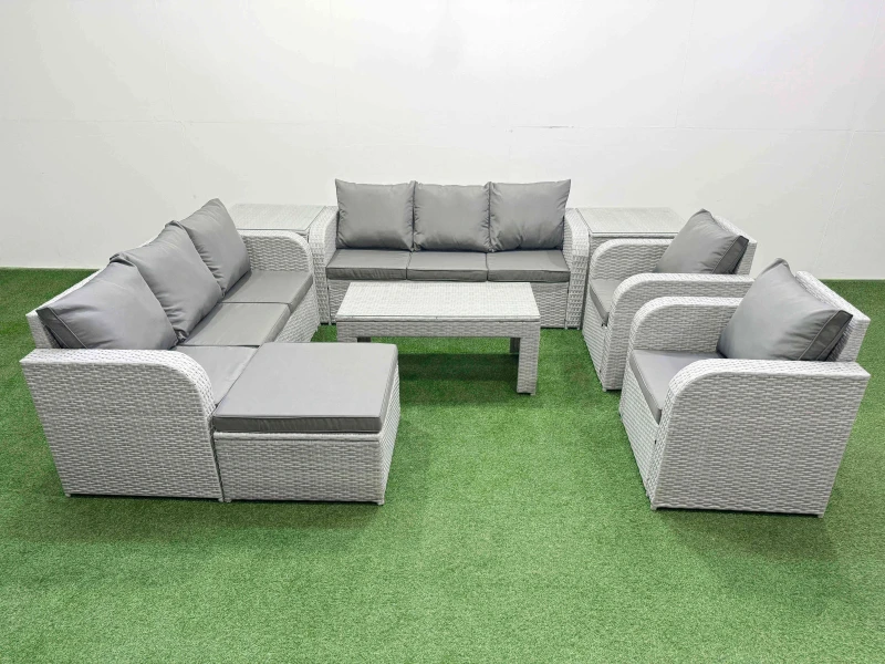 Image of Fimous PE Rattan High Back Lounge Sofa Set Patio Oblong Coffee Table & Chairs Set with 3 Seater Sofa Reclining Chair Big Footstool 2 Side Table Light