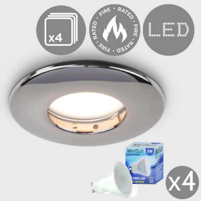 Image of ValueLights Set of 4 Fire Rated IP65 Chrome Ceiling Lights with 5w LED Bulbs Black
