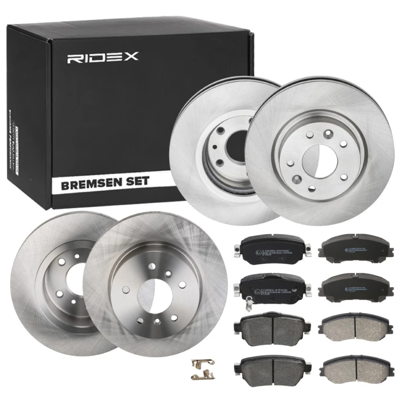 Image of RIDEX 3405B1665 Brake disc and pads set Rear Axle, Brake Disc Type: Solid, with acoustic wear warning Brake Set,disc brakes (3405)