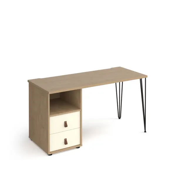 image of Tikal Straight Oak Desk with Black Hairpin Leg with White Drawers - 1400mm x 600mm