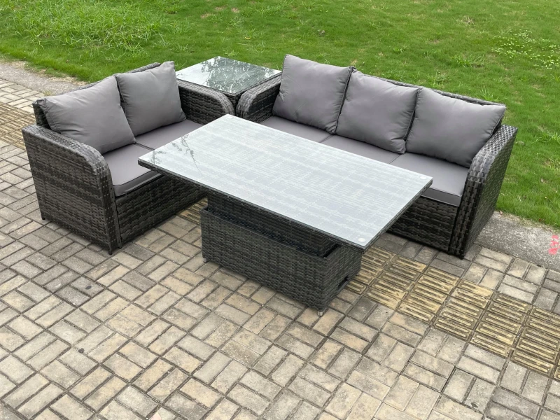 Image of Fimous Outdoor Rattan Garden Furniture Sets Height Adjustable Rising lifting Dining Table Lounge Sofa Set With Side Table Dark Grey
