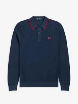 Image of Fred Perry Tipped Long Sleeve Knitted Polo Shirt, Carbon Blue Size M Men