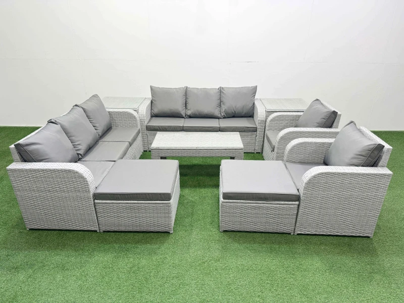 Image of Fimous PE Rattan High Back Lounge Sofa Set Patio Oblong Coffee Table & Chairs Set with 3 Seater Sofa Reclining Chair 2 Big Footstool 2 Side Table Ligh