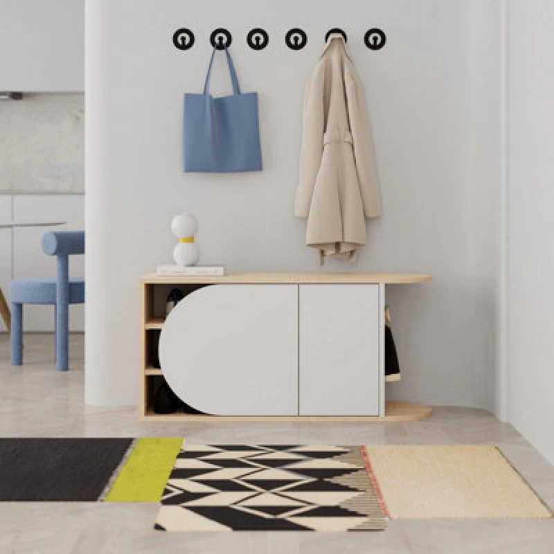 Image of Decortie Nova Shoe Bench Storage Oak, White Engineered Wood 2-Door Oval Cut Edge 104(W)Cm With Metal Hook Organiser Hallway
