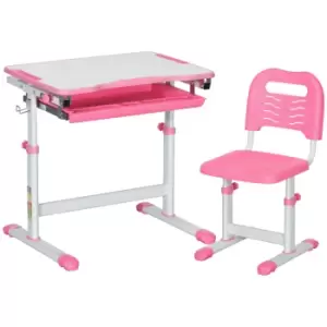 Image of HOMCOM Kids Desk and Chair Set, Student Adjustable Writing Desk, with Drawer, Pen Slot, Hook - Pink