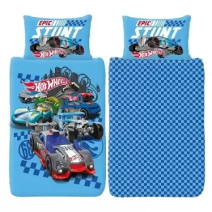 image of Epic Stunt Duvet Cover Set (Single) (Blue/White/Red) - Blue/White/Red - Hot Wheels