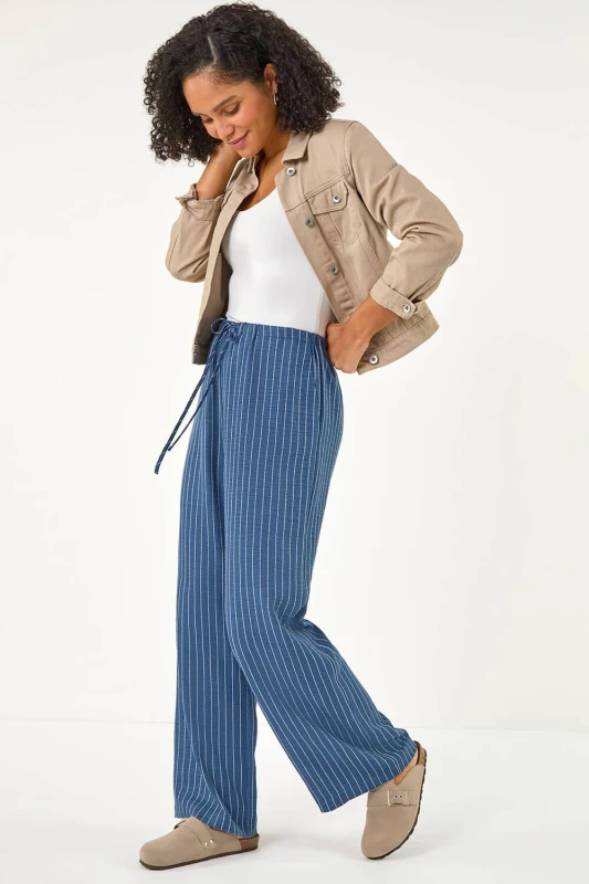 Image of Roman Womens Stripe Tie Waist Pocket Trouser in Blue Size: 14 Blue Female 14