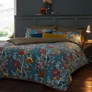 Image of Paoletti Riva Bloom Teal 100% Cotton Duvet Cover and Pillowcase Set Blue, Yellow and White