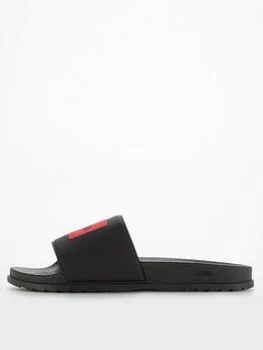 Image of HUGO Match Red Patch Slides - Black, Size 10, Men