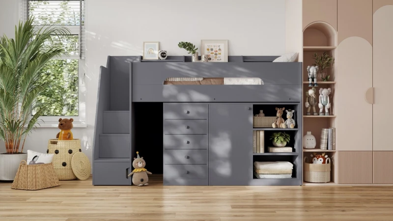 Image of Flair Stepaside Staircase High Sleeper Storage Station in Grey Size: Single Grey Unisex Single