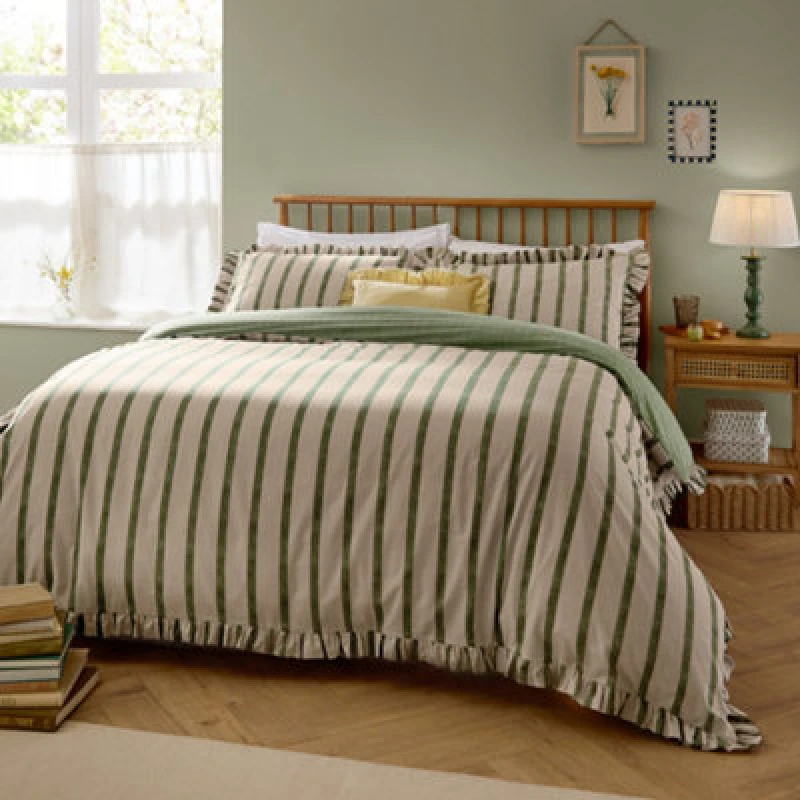 Image of Wylder Connie Striped Ruffle Duvet Cover Set, Moss, Single