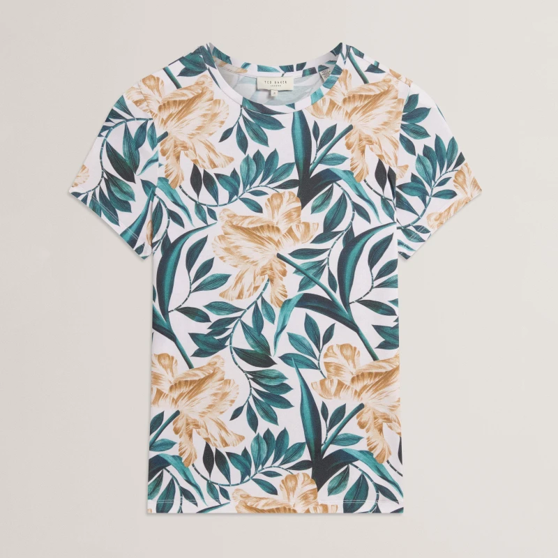 Image of Ted Baker Womens Printed Slim Fit T-Shirt Cream female 8 (XS)