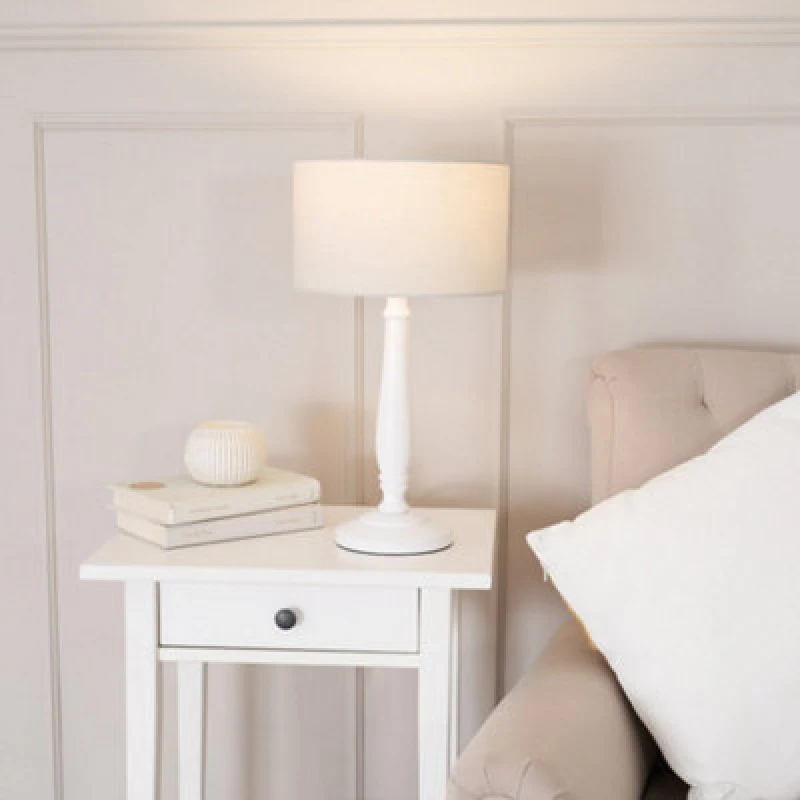 Image of ValueLights Victoria White Wood Traditional Table Lamp with Fabric Drum Shade and LED Bulb Natural