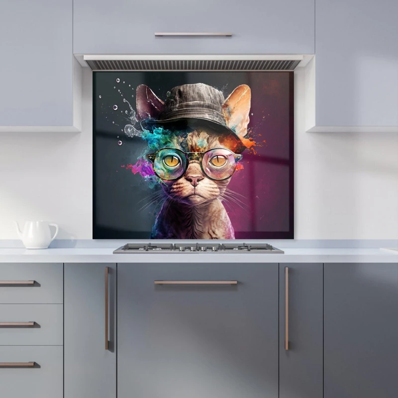 Image of Warren Reed - Designer Devon Rex Cat With Hat Splashart Kitchen Splashback Size: 700mm x 650mm Multicolor Unisex 700mm x 650mm