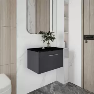 image of Hudson Reed Juno Wall Hung 1-Drawer Vanity Unit with Sparkling Black Worktop 600mm Wide - Graphite Grey