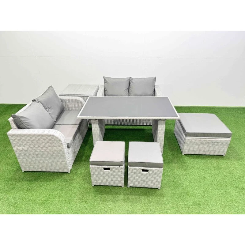 Image of Fimous 7 Pieces Outdoor PE Rattan Sofa Set with Cushions Side Table 3 Stools in Light Grey Light Grey Unisex