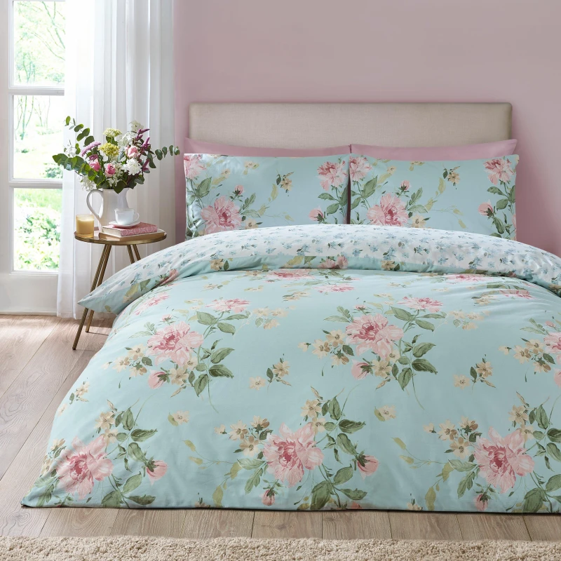 Image of Catherine Lansfield Avebury Floral Duvet Cover Bedding Set Duck Egg
