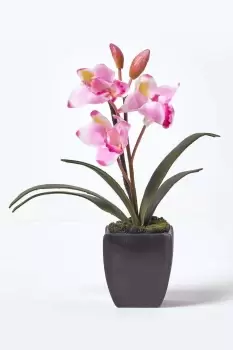 image of Small Light Pink Cymbidium Artificial Orchid in Black Pot, 38cm Tall