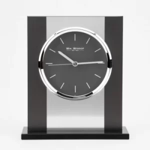 Image of WM WIDDOP Black Glass & Brushed Aluminium Mantel Clock