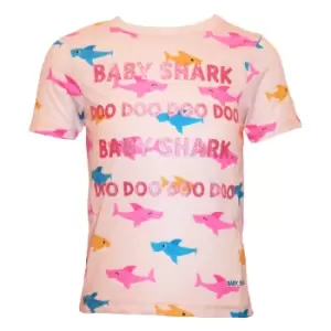 Image of Baby Shark Girls Glitter All-Over Print T-Shirt (1-2 Years) (Pink)
