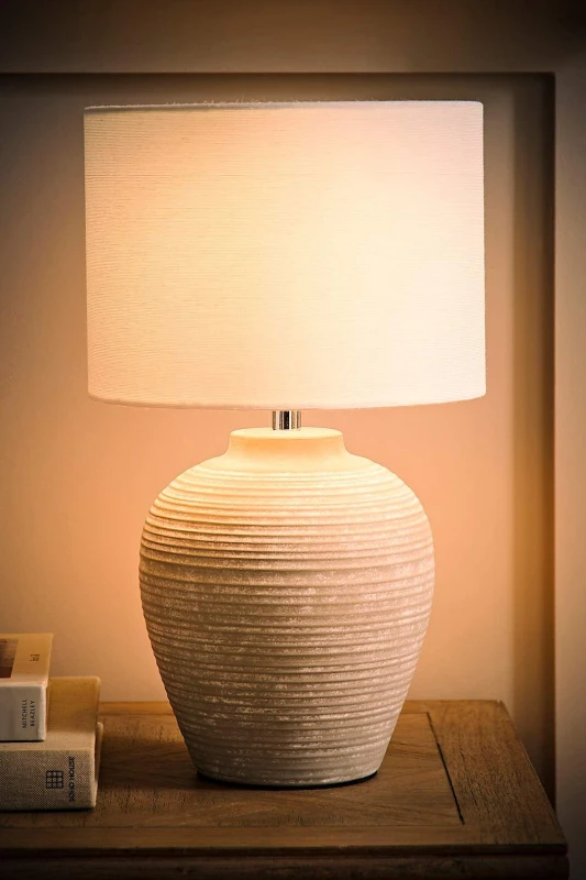 Image of ValueLights ValueLights Reid Linen Drum Lamp Shade Stone Grey Ribbed Ceramic Table Lamp with LED Bulb Size: Small Grey Small Unisex 5059406066337
