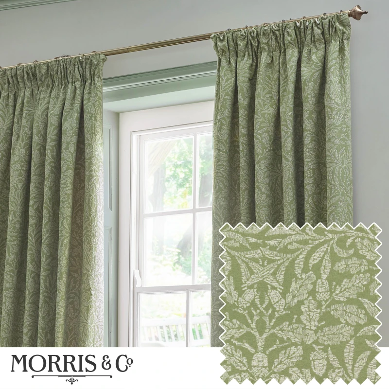 Image of Morris & Co Morris & Co Acorn Tonal Matt Jacquard Room Darkening Pencil Pleat Curtains in Green Size: 117cm width x 183cm drop Green 117cm width x 1