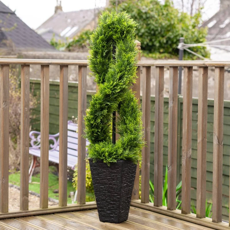 Image of Artificial Twisted Cedar Topiary in Stone Pot