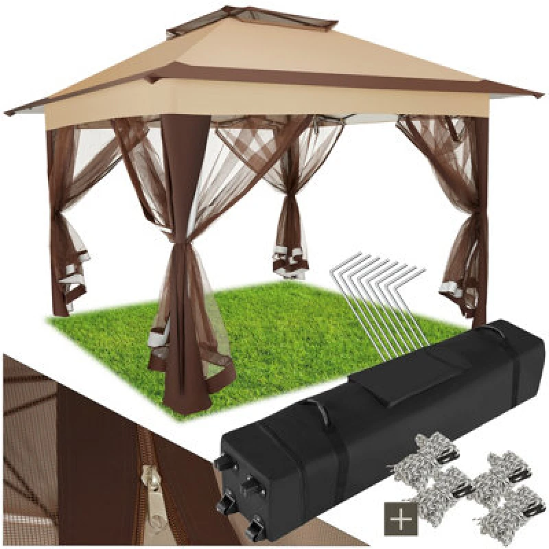 Image of Tectake Gazebo Carabobo - 4 Side Panels, Water & Uv-Resistant, 3.64 X 3.64 X 2.94 M 364 X 364 X 294cm - Brown