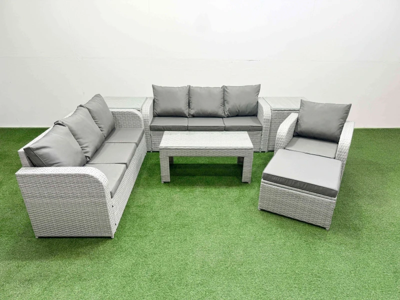 Image of Fimous 8 Seater Poly Rattan Outdoor Garden Furniture Oblong Coffee Table Sofa Set Patio 3 Seater Sofa Reclining Chair 3 Seater Sofa Big Footstool 2 Si